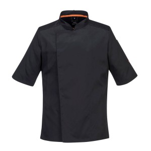 A black jacket featuring stretch panels for ease of movement, suitable for a wide range of outdoor and site work applications.