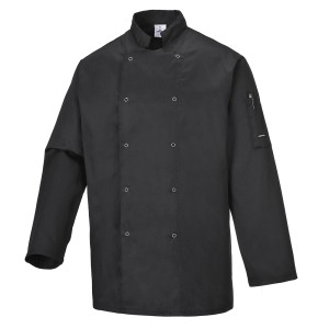 A black jacket designed for use on construction sites and in industrial work environments.,