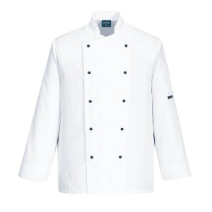 A white jacket designed for use on construction sites and in industrial work environments.,
