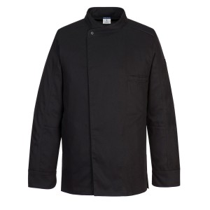 A black jacket designed for use on construction sites and in industrial work environments.,