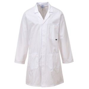 A white jacket designed for use on construction sites and in industrial work environments.,