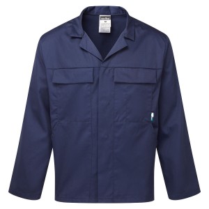 A navy blue jacket designed for use on construction sites and in industrial work environments.,