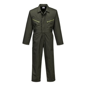 A coverall designed for use on construction sites and in industrial work environments.,