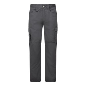 A pair of grey work trousers designed for use on construction sites and in industrial work environments.,