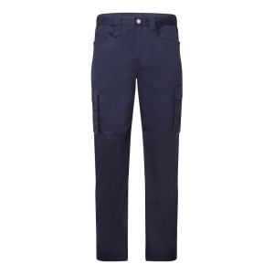 A pair of navy blue work trousers designed for use on construction sites and in industrial work environments.,