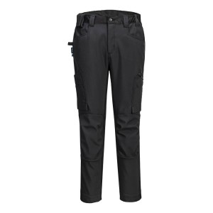 A pair of black work trousers designed for use on construction sites and in industrial work environments.,