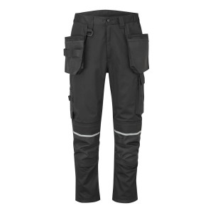 A pair of black work trousers designed for use on construction sites and in industrial work environments.,