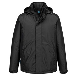 A black jacket designed for use on construction sites and in industrial work environments.,