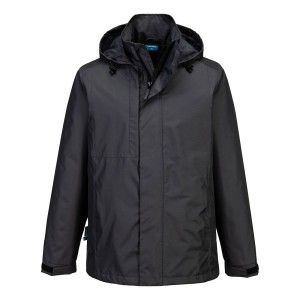 A grey waterproof jacket designed for use on construction sites and in industrial work environments.,