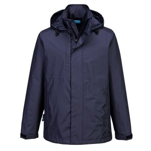 A navy blue waterproof jacket designed for use on construction sites and in industrial work environments.,