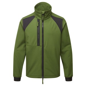 A green workwear garment designed for use on construction sites and in industrial work environments.,