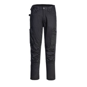 A pair of black work trousers featuring stretch panels for ease of movement, suitable for a wide range of outdoor and site work applications.