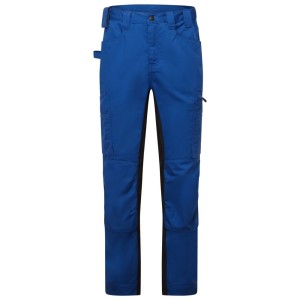 A pair of blue work trousers featuring stretch panels for ease of movement, suitable for a wide range of outdoor and site work applications.