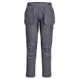 A pair of grey work trousers featuring stretch panels for ease of movement, suitable for a wide range of outdoor and site work applications.