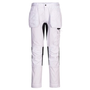 A pair of white work trousers featuring stretch panels for ease of movement, suitable for a wide range of outdoor and site work applications.