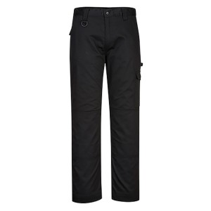 A pair of black work trousers designed for use on construction sites and in industrial work environments.,