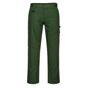 A pair of green work trousers designed for use on construction sites and in industrial work environments.,