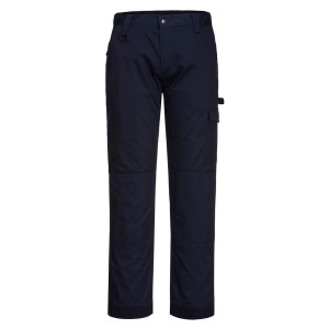 A pair of navy blue work trousers designed for use on construction sites and in industrial work environments.,