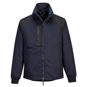 A navy blue jacket featuring stretch panels for ease of movement, suitable for a wide range of outdoor and site work applications.