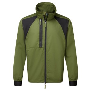 A green jacket featuring stretch panels for ease of movement, suitable for a wide range of outdoor and site work applications.