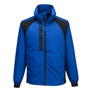 A blue jacket featuring stretch panels for ease of movement, suitable for a wide range of outdoor and site work applications.