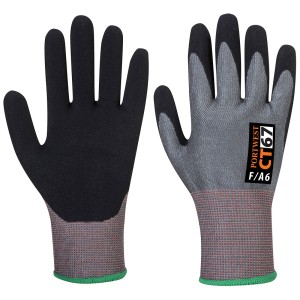 A pair of grey work gloves with cut-level F13 protection, a textured grip palm, and an elasticated cuff for a secure fit.