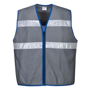 A grey cooling vest designed for use on construction sites and in industrial work environments.,