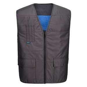 A grey cooling vest designed for use on construction sites and in industrial work environments.,
