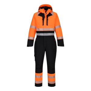 A high-visibility orange coverall featuring retroreflective tape panels, suitable for a wide range of outdoor and site work applications.