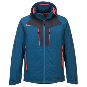 A blue jacket designed for use on construction sites and in industrial work environments.,