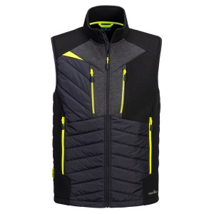 A black safety vest designed for use on construction sites and in industrial work environments.,