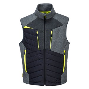 A grey safety vest designed for use on construction sites and in industrial work environments.,