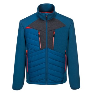 A blue jacket designed for use on construction sites and in industrial work environments.,