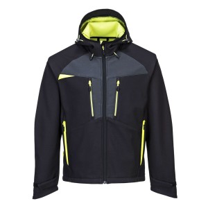 A black softshell jacket designed for use on construction sites and in industrial work environments.,