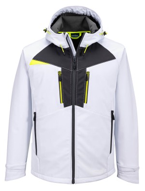 A white softshell jacket designed for use on construction sites and in industrial work environments.,