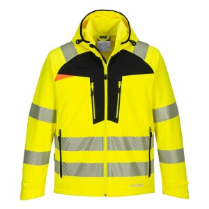 A high-visibility yellow softshell jacket featuring retroreflective tape panels, suitable for a wide range of outdoor and site work applications.