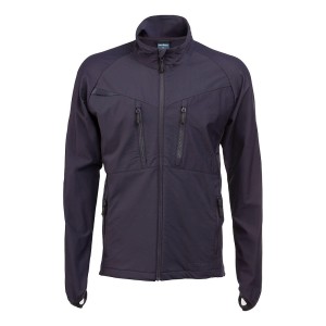 A navy blue jacket featuring stretch panels for ease of movement, suitable for a wide range of outdoor and site work applications.