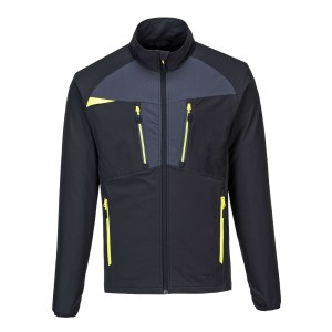 A black jacket featuring stretch panels for ease of movement, suitable for a wide range of outdoor and site work applications.
