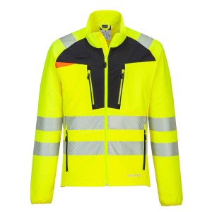 A high-visibility yellow jacket featuring retroreflective tape panels, stretch panels for ease of movement, suitable for a wide range of outdoor and site work applications.