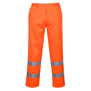 A pair of high-visibility orange trousers featuring retroreflective tape panels, suitable for a wide range of outdoor and site work applications.