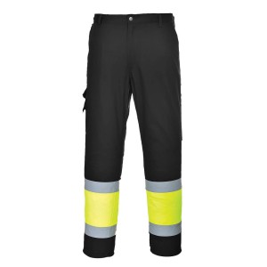 A pair of high-visibility yellow trousers featuring retroreflective tape panels, suitable for a wide range of outdoor and site work applications.