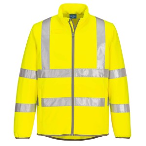 A high-visibility yellow softshell jacket featuring retroreflective tape panels, suitable for a wide range of outdoor and site work applications.