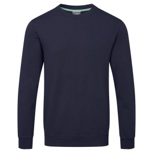 A navy blue work shirt designed for use on construction sites and in industrial work environments.,