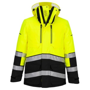 A high-visibility yellow jacket featuring retroreflective tape panels, suitable for a wide range of outdoor and site work applications.