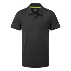 A black polo shirt designed for use on construction sites and in industrial work environments.,