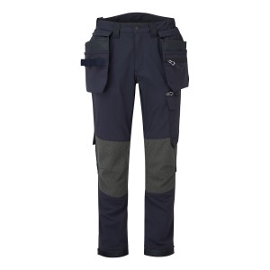 A pair of navy blue work trousers featuring stretch panels for ease of movement, suitable for a wide range of outdoor and site work applications.