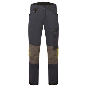A pair of black work trousers featuring stretch panels for ease of movement, suitable for a wide range of outdoor and site work applications.