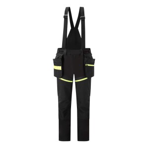 A pair of black work trousers designed for use on construction sites and in industrial work environments.,