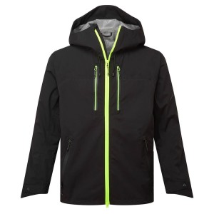 A black jacket designed for use on construction sites and in industrial work environments.,