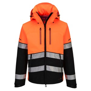 A high-visibility orange jacket featuring retroreflective tape panels, suitable for a wide range of outdoor and site work applications.